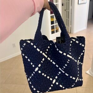 Navy and White Woven Tote Bag With Makeup 💄 Case